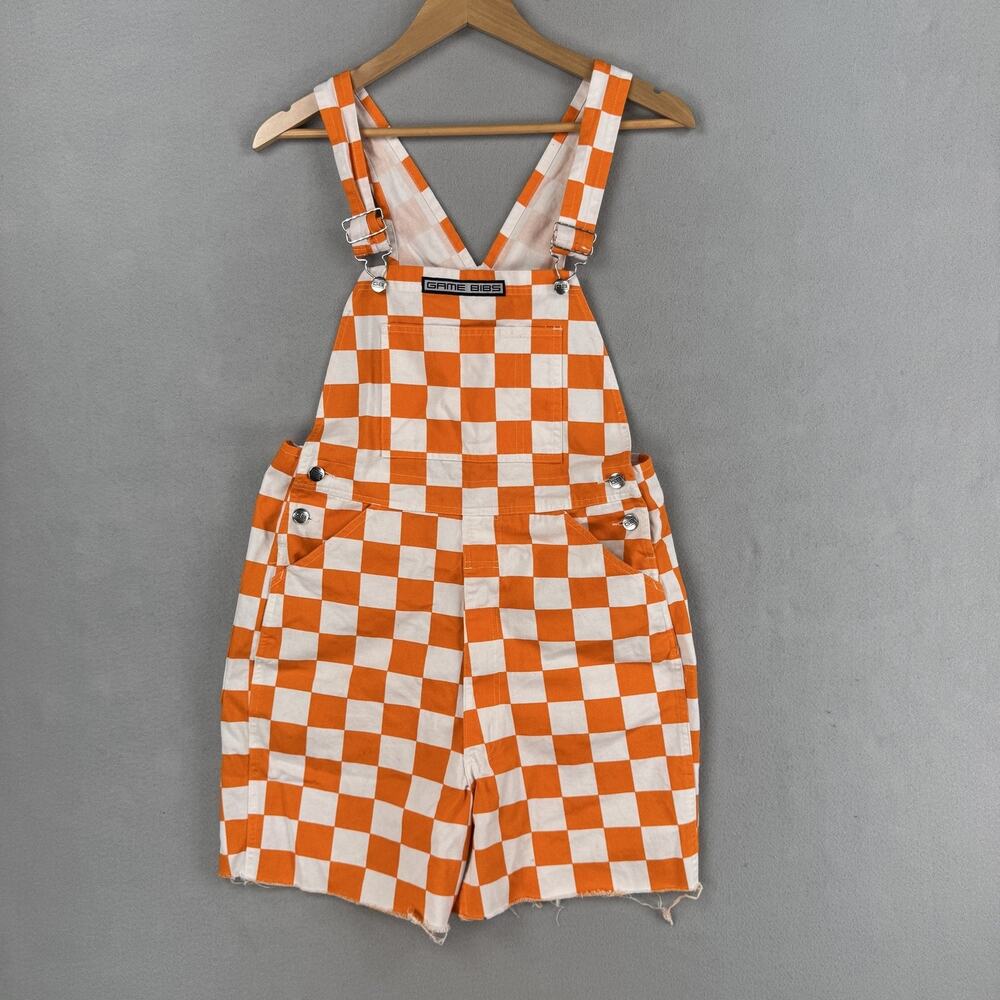 Game Bibs Overalls Mens Small Orange Check Cotton Bib Shorts Game Day Tailgate